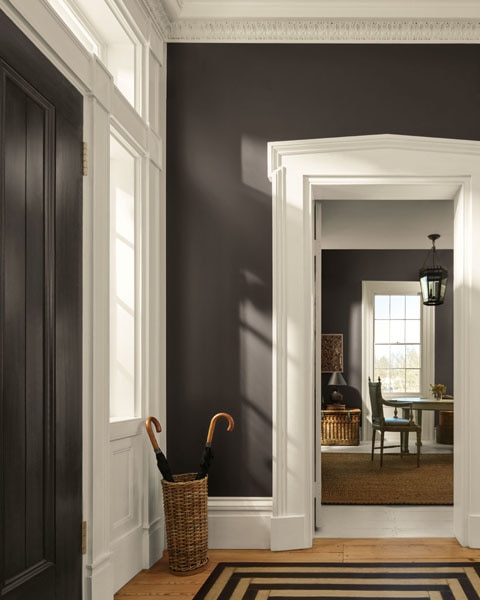 A hallway painted in Silhouette AF-655 on the walls. Ornate cornice and door frames are painted in Swiss Coffee OC-45.